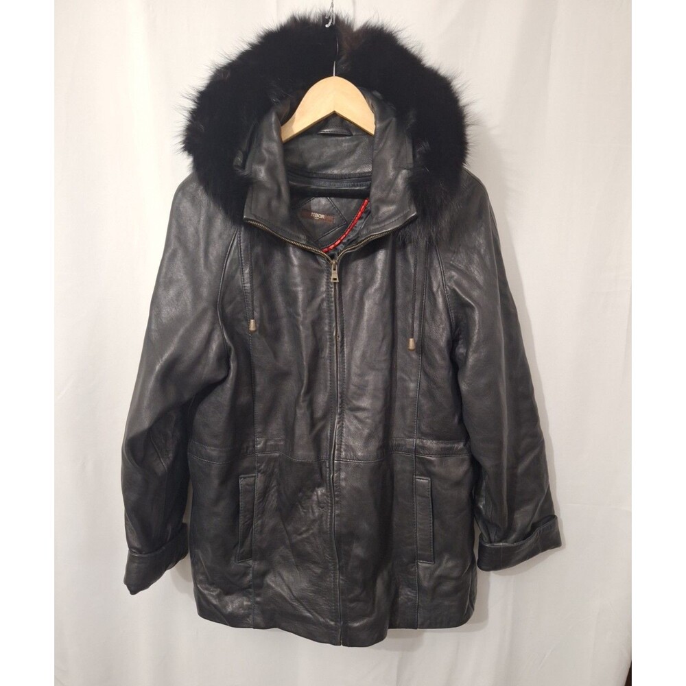 Tibor Luxe Womens Genuine Leather Coat with Fur Hood Full Zip Sz XL Black Grunge